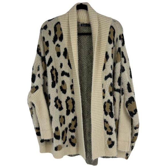 Very J Cream Animal Cheetah Print Knit Drape Cardigan SZ L NEW - Picture 1 of 12